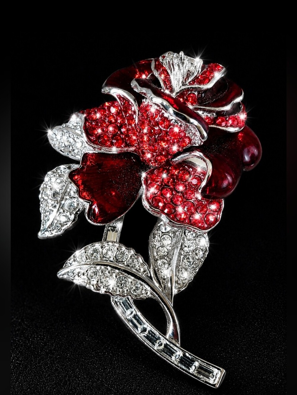 Nolan Miller Nancy Reagan Red Rose Flower Enameled Brooch Vintage Silver Tone